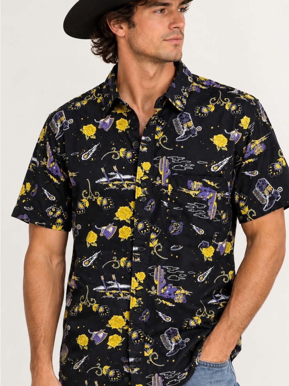 Abound Men’s Western Cowboy Rodeo Shirt Black Yellow Roses Boots M
